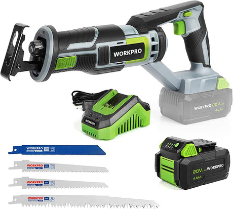 Sierra recíproca inalámbrica WORKPRO, batería de 20 V 4,0 Ah, longitud de carrera de 1 pulgada, 4 hojas de sierra para corte de madera y metal incluidas - DIGVICE MX