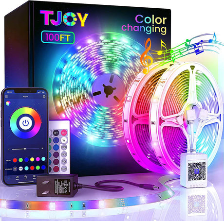 TJOY Tira de luces LED Bluetooth de 100 pies, tira de luces LED de sincronización de música SMD5050, luces LED que cambian de color RGB con control remoto, control de aplicación de teléfono inteligente, luces LED para dormitorio, TV, habitación - DIGVICE MX