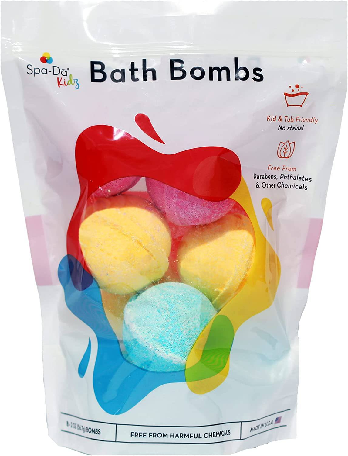 Spa-Da Bombas de baño para niños, paquete de 8, ingredientes limpios y suaves y seguros, libres de parabenos y productos químicos nocivos, sin manchas en la piel o la bañera, hacen que la hora del baño sea divertida para los niños