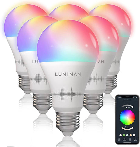 LUMIMAN - Bombillas de luz inteligente WiFi A19 Bombilla LED que cambia de color que funciona con Alexa Siri Google Home E26 2700K-6500K Bombilla de luces RGB regulable 800 lúmenes No requiere concentrador Paquete de 6 - DIGVICE MX