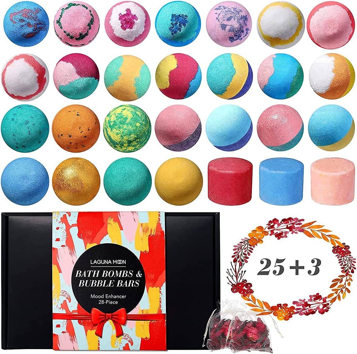 Lagunamoon - Bombas de baño orgánicas - 25 piezas extra grandes + 3 barras de burbujas y flores secas - Sales de ducha de baño de burbujas para mujeres, hombres y niños - Set de regalo de bombas de baño relajantes Bath Essentials Shower Steamers