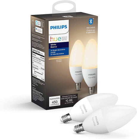 Paquete de 2 velas LED inteligentes Philips Hue White, compatibles con Bluetooth y Zigbee (Hue Hub opcional), funciona con Alexa y Google Assistant: un dispositivo certificado para humanos - DIGVICE MX