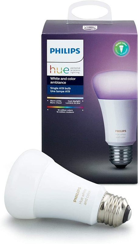 Bombilla inteligente Philips Hue Single Premium A19, 16 millones de colores, para la mayoría de las lámparas y luces de techo (se requiere Hue Hub, funciona con Alexa), versión antigua, blanca (464487) - DIGVICE MX