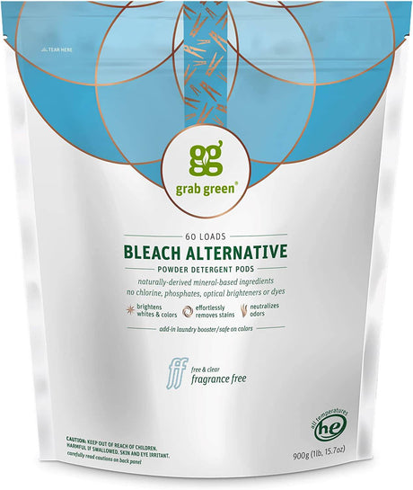 Grab Green Bleach Alternative Pods, 60 unidades, sin cloro, sin fragancia, a base de plantas y minerales, potenciador de lavandería para iluminar los blancos, elimina las manchas, neutraliza los olores - DIGVICE MX