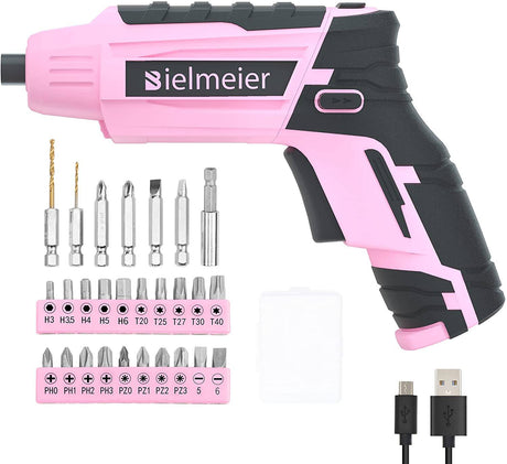 Bielmeier Pink Destornillador eléctrico Kit 5N.m, 4V Batería de iones de litio Destornillador inalámbrico Recargable con luz LED y cable de carga USB, 27 piezas Accesorios - DIGVICE MX