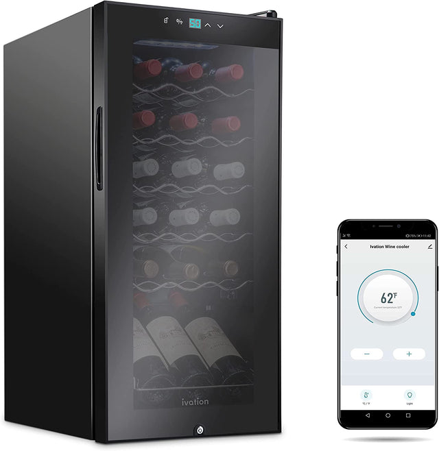 IVATION - Refrigerador enfriador de vino con compresor de 18 botellas con sistema de enfriamiento de control de aplicación inteligente Wi-Fi | Nevera de bodega independiente grande para champán blanco rojo o espumoso, puerta de vidrio negro y cerradura - DIGVICE MX