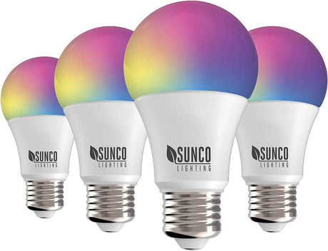 Sunco Lighting Bombillas WiFi inteligentes Alexa, A19 LED inteligente regulable, cambio de color RGB, 6 W, 480 lm, base E26, multicolor, compatible con Amazon Alexa y Google Assistant, blanco sintonizable 4 Pack - DIGVICE MX