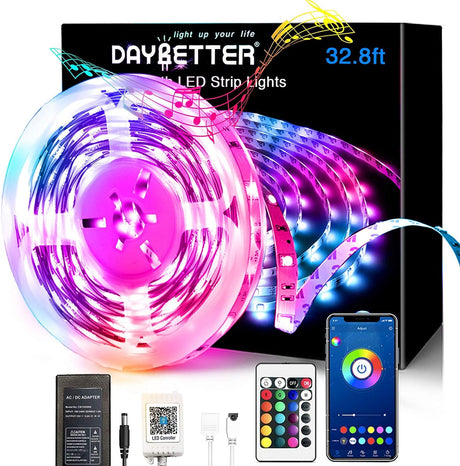 DAYBETTER Luces LED inteligentes de 32.8 pies, tiras de luces LED controladas por aplicación con control remoto de 24 teclas, tira de luces LED con temporizador, luces LED que cambian de color para dormitorio, fiesta, cocina - DIGVICE MX