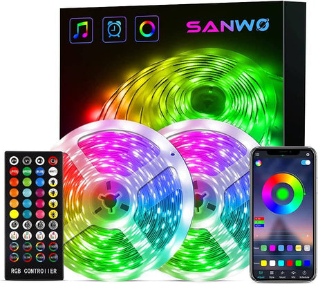 SANWO Tira de luces LED, tira de luces LED RGB de 65,6 pies, control de aplicación para iluminación de habitación, kits de luces de cinta que cambian de color con mando a distancia, tira LED de sincronización de música flexible - DIGVICE MX