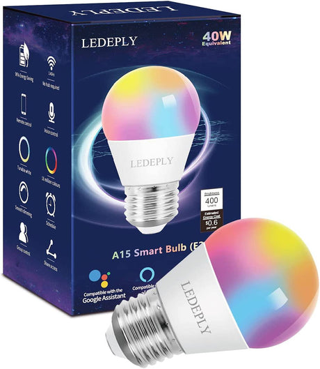 LEDEPLY - 5 W = 40 W, bombilla inteligente A15, compatible con Alexa, Google Home, E26, cambio de color, bombillas LED WiFi regulables, no requiere concentrador, 1 paquete, - DIGVICE MX