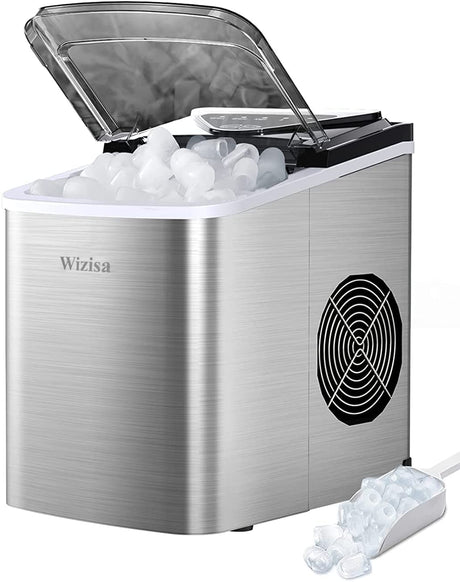 WIZISA - Máquina para hacer hielo para encimera, 9 cubitos de hielo de bala listos en 6 minutos, 26 libras en 24 horas, máquina portátil para hacer hielo autolimpiante, 2 tamaños de hielo en forma de bala para el hogar, cocina, oficina, bar, fiesta - DIGVICE MX