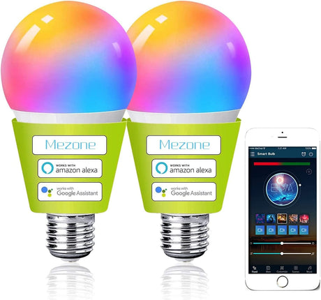 MEZONE - Bombilla inteligente WiFi, compatible con Alexa y Google Home, Mezone E26 RGB que cambia de color con aplicación, no requiere concentrador, bombilla LED inteligente regulable A19 7 W 60 W equivalente, 2 unidades - DIGVICE MX