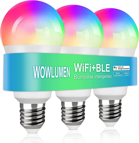 WOWLUMEN Bombillas de luz Wi-Fi inteligente de 9 W, compatibles con Alexa y Google Home Assistant Siri Shortcut (no requiere concentrador) A19, E26, equivalente a 80 W regulable RGBCW decoración de bombilla LED que cambia de color, paquete de 3 - DIGVICE MX