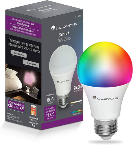 LLOYD´S - Bombilla WiFi Smart A19, multicolor + rango de luz blanca (blanco cálido a blanco frío, 2700K-6500K), funciona con Alexa y Google Home, 9 W, no requiere concentrador, regulable desde la aplicación, para redes de 2,4 GHz - DIGVICE MX