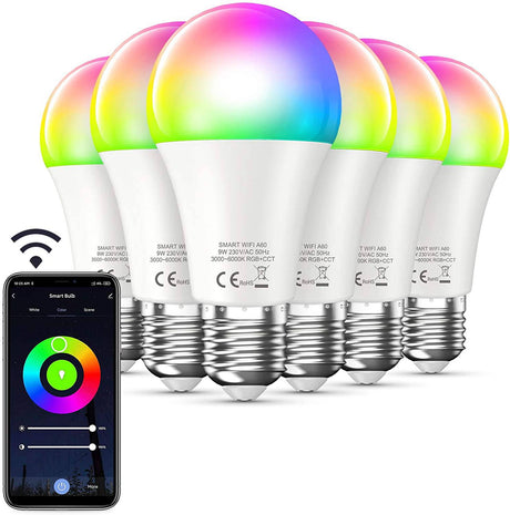 Bewahly Bombillas inteligentes, bombilla Alexa que cambia de color, malla WiFi, bombillas inteligentes que funcionan con Alexa/Google Home, bombilla LED regulable A19 E26 multicolor, alto brillo, 9 W 800 lm, 110 V CA, paquete de 6 - DIGVICE MX