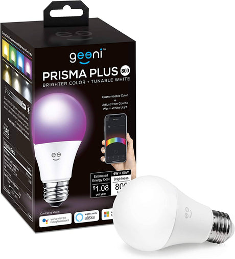 Geeni Prisma Plus 800 Bombilla LED inteligente Wi-Fi, color más brillante y blanco sintonizable (2700k-6500K), 1 paquete, A19 60W, no requiere concentrador, la bombilla funciona con Amazon Alexa, Google Home, - DIGVICE MX