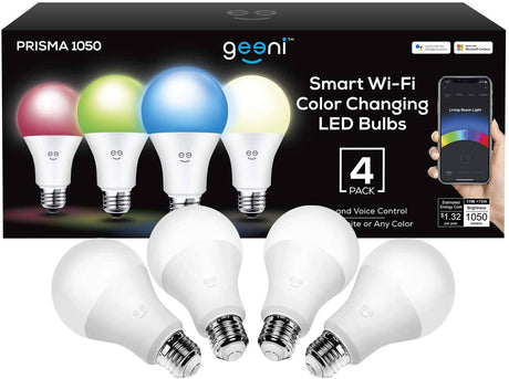 Geeni Prisma 1050 lúmenes A21 Wi-Fi multicolor bombillas (2700 K), paquete de 4 - Bombillas LED regulables, equivalente a 75 vatios - No requiere concentrador - Funciona con Amazon Alexa, Hey Google - DIGVICE MX