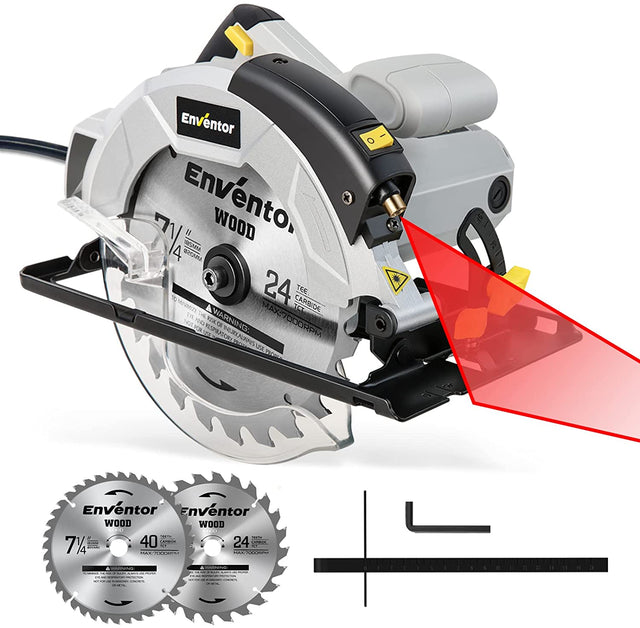 Sierra circular, sierra ENVENTOR Skill con guía láser, motor de 5800 RPM y 10 amperios, hojas de 7-1/4 pulgadas, profundidad máxima de corte de 2-7/16"(90°), 1-13/16"(0°-45°) ), ideal para madera, metal blando, azulejos, cortes de plástico. - DIGVICE MX