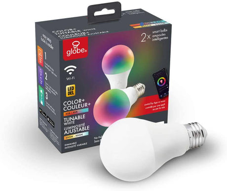 Globe Electric 34207 Wi-Fi Smart 10 W (equivalente a 60 W) multicolor cambiante RGB Tunable White Frosted LED foco de luz paquete de 2, no requiere concentrador, activado por voz, 2000 K - 5000 K, forma A19, base E26 - DIGVICE MX