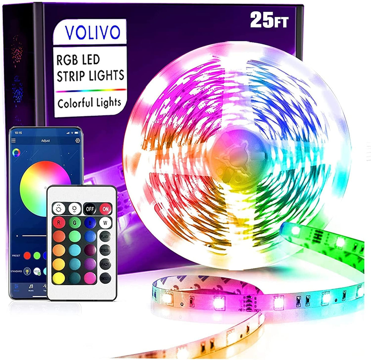 Volivo Tira de luces LED Smart RGB de 25 pies, tiras de luz LED Bluetooth controladas por aplicación sincronizadas con música, luces LED - DIGVICE MX