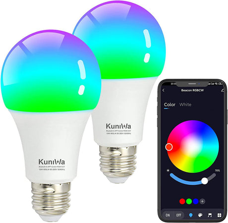 KUNIWA - Paquete de 2 bombillas LED con Bluetooth que cambian de color, 10 W, control de aplicación, Kuniwa regulable A19 E26 RGB, 800 lm, equivalente a 80 W, temporizador, no requiere concentrador - DIGVICE MX