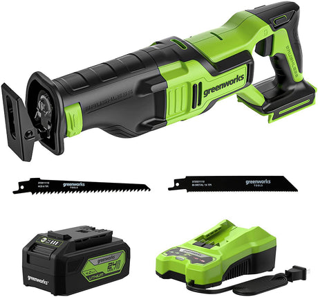 Kit de sierra recíproca sin escobillas Greenworks de 24 V, batería y cargador USB (banco de energía) de 4 Ah - DIGVICE MX