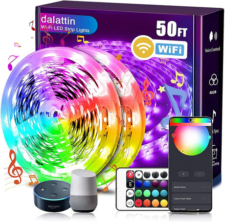 dalattin Smart WiFi tira de luces LED de 50 pies, 2 rollos de 25 pies, compatible con Alexa LED Lights Music Sync 5050 16 millones de colores que cambian la aplicación del teléfono y 24 teclas remotas para Roma, cocina - DIGVICE MX