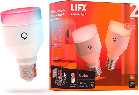 LIFX Color, A19 1100 lúmenes, bombilla LED inteligente Wi-Fi, miles de millones de colores y blancos, no requiere puente, funciona con Alexa, Hey Google, HomeKit y Siri multicolor (paquete de 2) - DIGVICE MX