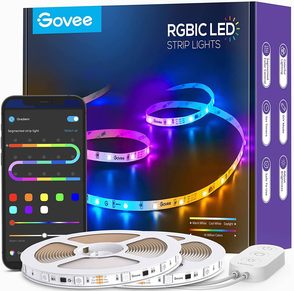 Govee  Tira de luces LED RGBIC de 65.6 pies, tiras LED que cambian de color, control de aplicaciones a través de Bluetooth, control segmentado inteligente, múltiples escenas, luces LED de sincronización (2 x 32.8 pies) - DIGVICE MX