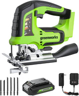 Greenworks 24V Jigsaw sin escobillas inalámbrico - 3000 SPM, 4 configuraciones orbitales, velocidad variable, con batería 2AH y cargador 2A, 6 cuchillas para madera y metal - DIGVICE MX