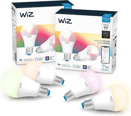 WiZ IZ20126084 60 W EQ A19 Smart WiFi Connected LED Bombillas/Compatible con Alexa y Google Home, no requiere concentrador, 4 unidades (paquete de 1), RGB+ cambio de color/sintonizable/regulable, 4 piezas - DIGVICE MX