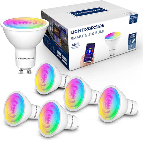 LIGHTINGINSIDE - Bombilla inteligente GU10, ángulo de haz de 38°, WiFi 2700-6500K+RGB bombilla LED que cambia de color funciona con Alexa y Google Home, equivalente a 50 W 5 W 420 lm, bombilla de luz de pista regulable, 6 unidades (paquete de 1) - DIGVICE MX