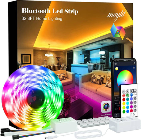 MAYLIT Tira de luces LED, controlador de aplicaciones Bluetooth de 32.8 pies, tira de luces LED RGB, 5050 LED, sincronización de música, cambio de color, kit de luces LED con mando a distancia y fuente de alimentación de 12 V - DIGVICE MX