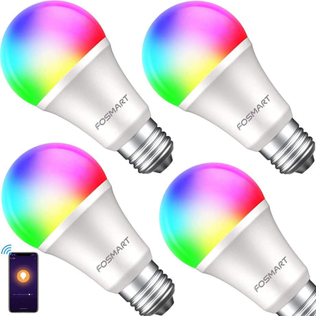 FOSMART - Bombilla inteligente con luz blanca suave, 16 millones de bombillas RGB que cambian de color regulables, funciona con Alexa, Google Home, E26 7,5 W (equivalente a 60 W), solo WiFi de 2,4 GHz, no requiere concentrador (4 unidades) - DIGVICE MX