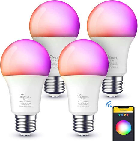 Treatlife Paquete de 4 bombillas inteligentes, 2,4 GHz sincronización de música que cambia de color, funciona con Alexa Google Home, A19 E26 bombilla LED regulable 9 W 800 lúmenes para decoración de fiestas, hogar inteligente, multicolor - DIGVICE MX