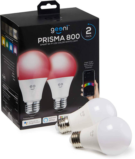 Geeni Prisma 800 2700K regulable A19, equivalente a 60 W que cambia de color RGBW LED Smart WiFi foco, funciona con Alexa y Google Home, no requiere concentrador, requiere WiFi de 2,4 GHz (2 unidades) - DIGVICE MX