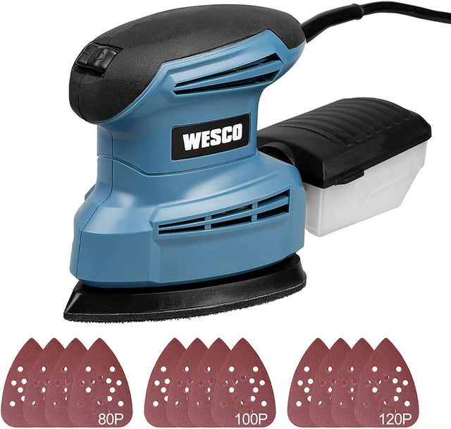 WESCO  - Lijadora de detalle , Compact 1.3A Detail Sander con 12 piezas de papel de lija, 14,000 OPM, bajo consumo de energía, sistema eficiente de recolección de polvo, para lijado de detalle en la decoración del hogar - DIGVICE MX