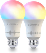 LUMIMAN - Bombillas inteligentes, luces LED Wi-Fi, multicolor y blanco cálido a frío, funciona con Alexa, Google Assistant y Siri, no requiere concentrador, paquete de 2, A19 E26, 7,5 W 800 lm - DIGVICE MX