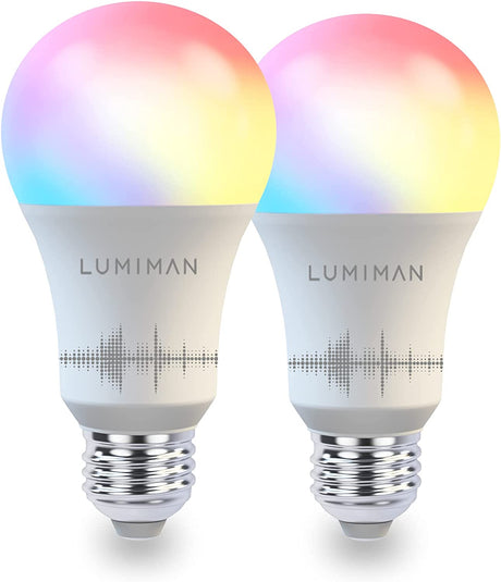 LUMIMAN - Bombillas inteligentes, luces LED Wi-Fi, multicolor y blanco cálido a frío, funciona con Alexa, Google Assistant y Siri, no requiere concentrador, paquete de 2, A19 E26, 7,5 W 800 lm - DIGVICE MX