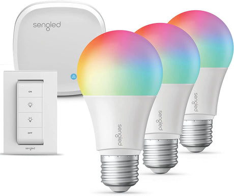 Sengled E39-NA05HM Cambio de color, bombillas que funcionan con Alexa, Google Home, kit de inicio de 3 paquetes con interruptor inteligente, luz RGB A19 E26 LED regulable equivalente a 60 W, 800 lm, juego de 5 piezas, blanco, 3 unidades - DIGVICE MX