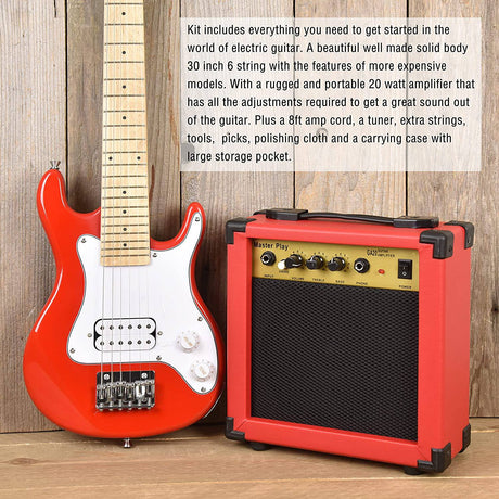 Master Play - Guitarra eléctrica de 30 pulgadas, para niños/principiantes con kit de inicio completo, amplificador de 20 vatios, 6 cuerdas adicionales, púas, bolsa de concierto, correa para el hombro, sintonizador digital, cable, paño de lavado