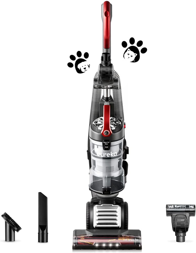 Eureka FloorRover Aspiradora vertical sin bolsa para mascotas, dirección giratoria para alfombras y pisos duros, gris y rojo - DIGVICE MX