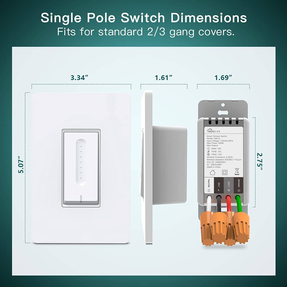 TREATLIFE Paquete de 4 interruptores de atenuación inteligente, el interruptor de luz inteligente funciona con Alexa y Google Home, interruptor de luz WiFi de 2,4 GHz para bombillas LED/CFL/incandescentes regulables, requiere cable neutro, unipolar - DIGVICE MX