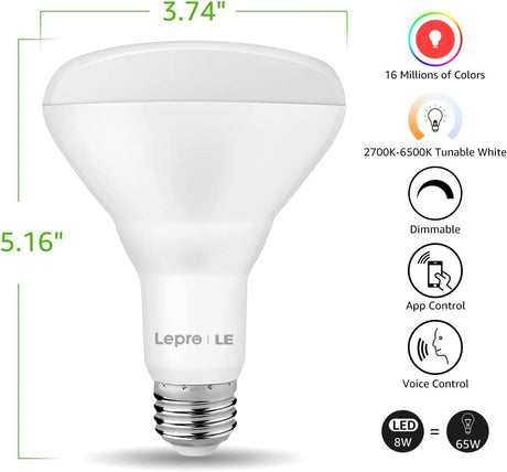 LEPRO - Bombillas LED de inundación, bombilla WiFi inteligente BR30, funciona con Alexa y Google Assistant, luces que cambian de color RGBW, 8 W = 65 W, 700 lúmenes, bombillas empotrables regulables para latas, base E26, paquete de 2 - DIGVICE MX