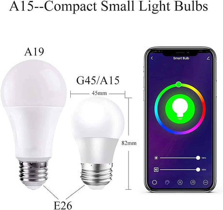 DOGAIN Bombillas pequeñas inteligentes E26 Base A15 RGB que cambia de color compatible con Alexa Google Home, WiFi LED bombilla regulable 500 lm equivalente a 40 W (solo 2,4 GHz), 2 unidades - DIGVICE MX