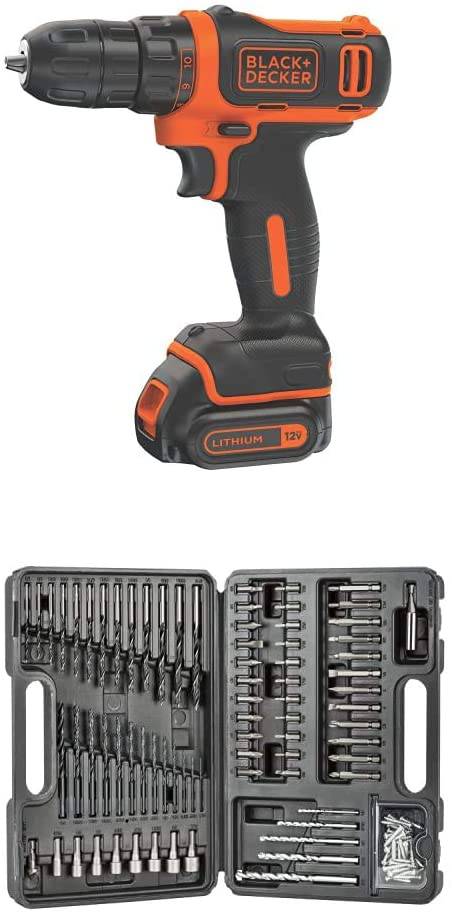 BLACK+DECKER 12V MAX Taladro/destornillador inalámbrico (BDCDD12C) con juego de accesorios combinados BLACK+DECKER BDA91109, 109 piezas - DIGVICE MX