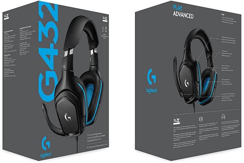 Logitech G432 - Auriculares para juegos con cable, sonido envolvente 7.1, auriculares DTS:X 2.0, micrófono abatible para silenciar, PC (cuero sintético) negro/azul