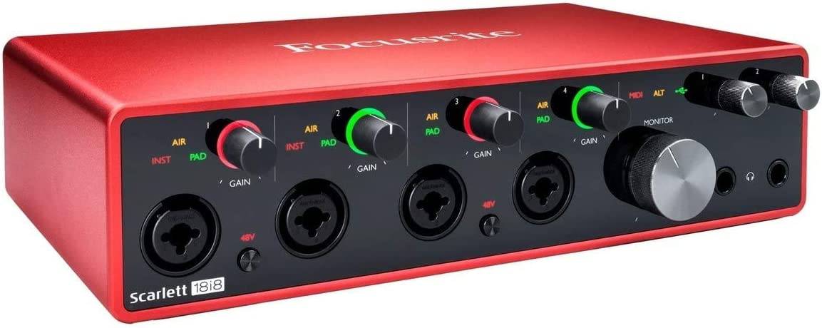 Focusrite Scarlett 18i8Interfaz de audio USB de 3.ª generación, para productores, músicos, bandas, creadores de contenido: alta fidelidad, grabación con calidad de estudio y todo el software que necesita para grabar