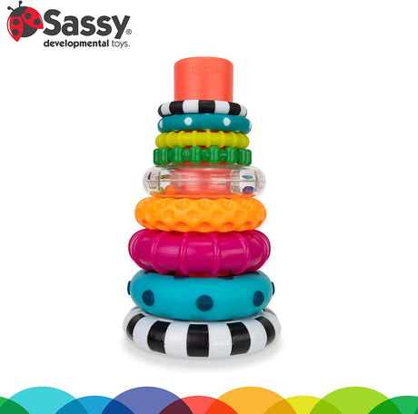 Sassy Stacks of Circles Stacking Ring STEM Juguete de aprendizaje, a partir de 6 meses, multicolor, juego de 9 piezas