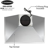 COSMO 63175S Campana de montaje en pared de 30 pulgadas con conductos convertibles sin conductos (no incluye kit), ventilación de estufa estilo chimenea de techo, luz LED, filtro permanente, ventilador de 3 velocidades en acero inoxidable - DIGVICE MX